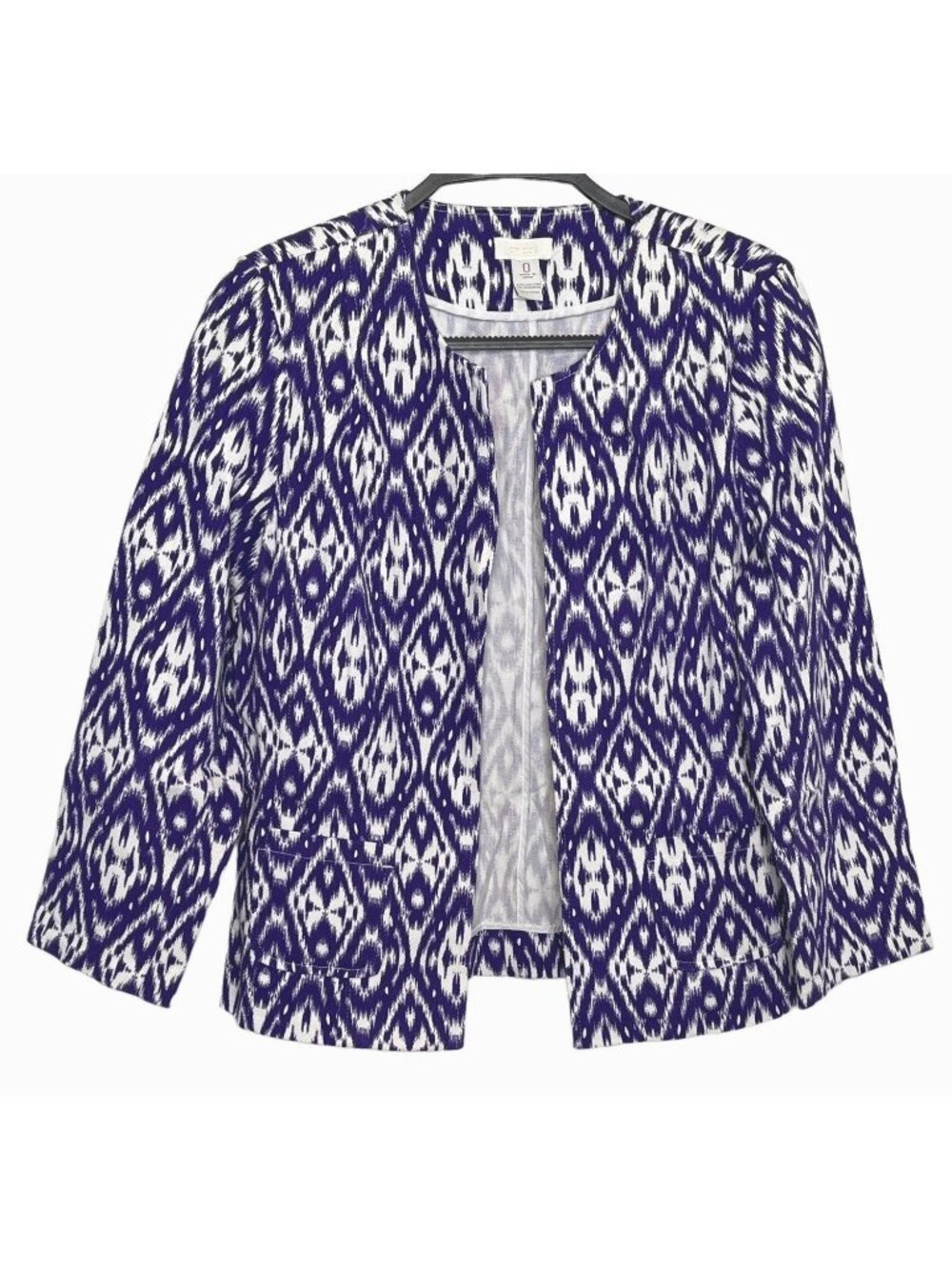 Chicos Womens Size 0 Purple Ikat Print Blazer Open Front Jacket